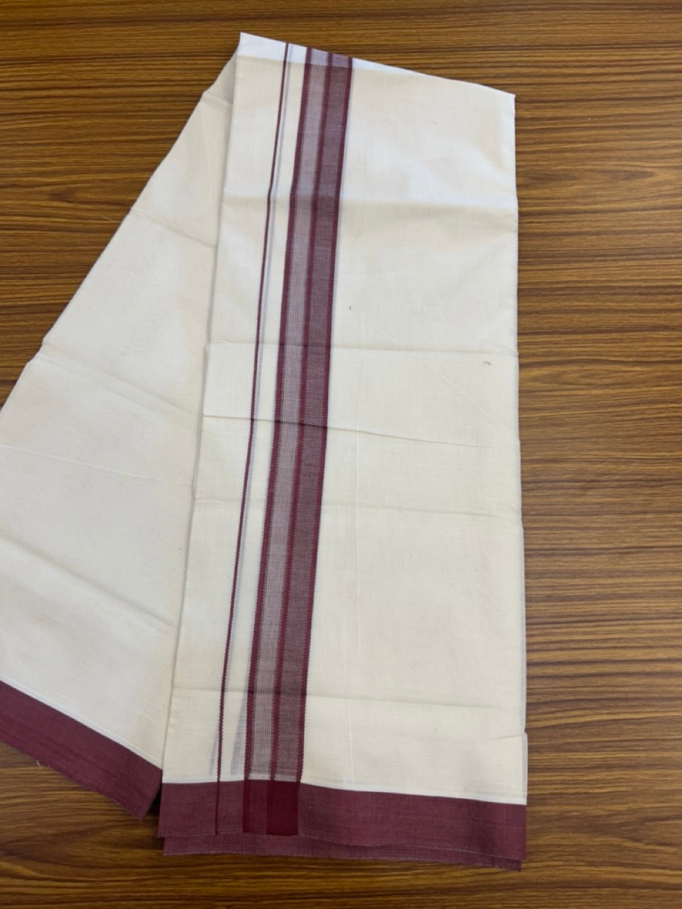 20% Discount! KaithariKada Balaramapuram 100%  Cotton Off White Double - (Unbleached) Mundu/Dhoti - 100X80 - 1.5 inch Maroon Shaded Striped Kara - 4 Mtr (8.5 Muzham) - 102 KK5294 THI