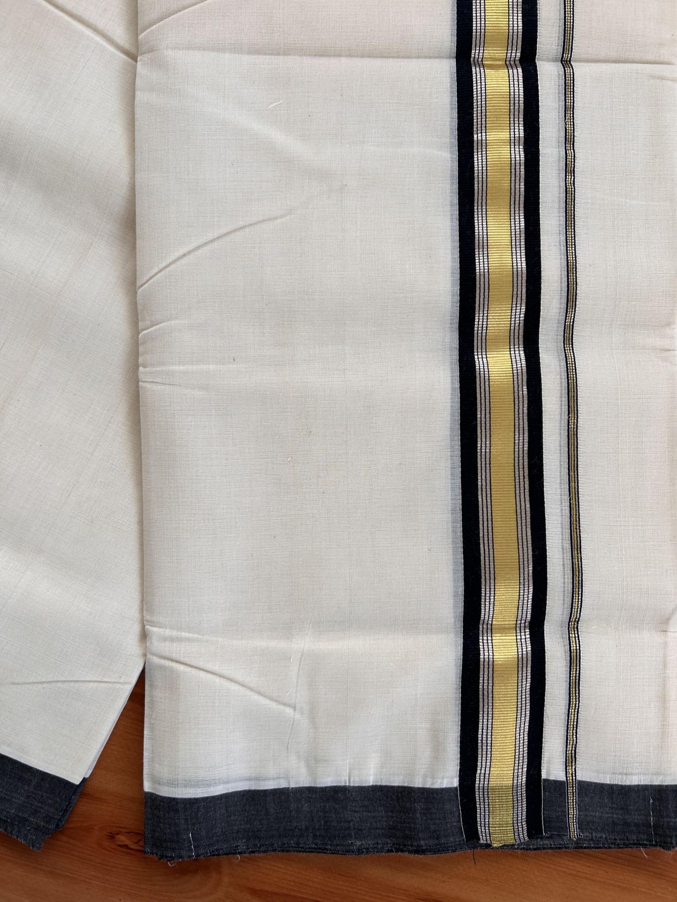 Double Off White (Unbleached) Mundu/Dhoti - 25% Discount! KaithariKada Handloom Millpaav - Kerala Handloom - Cotton - 80x90 - 1.5 inch Gold & Silver Kasav & Black Striped Kara 4 meter (8.5 Muzham) - 2 KK5430 RAM