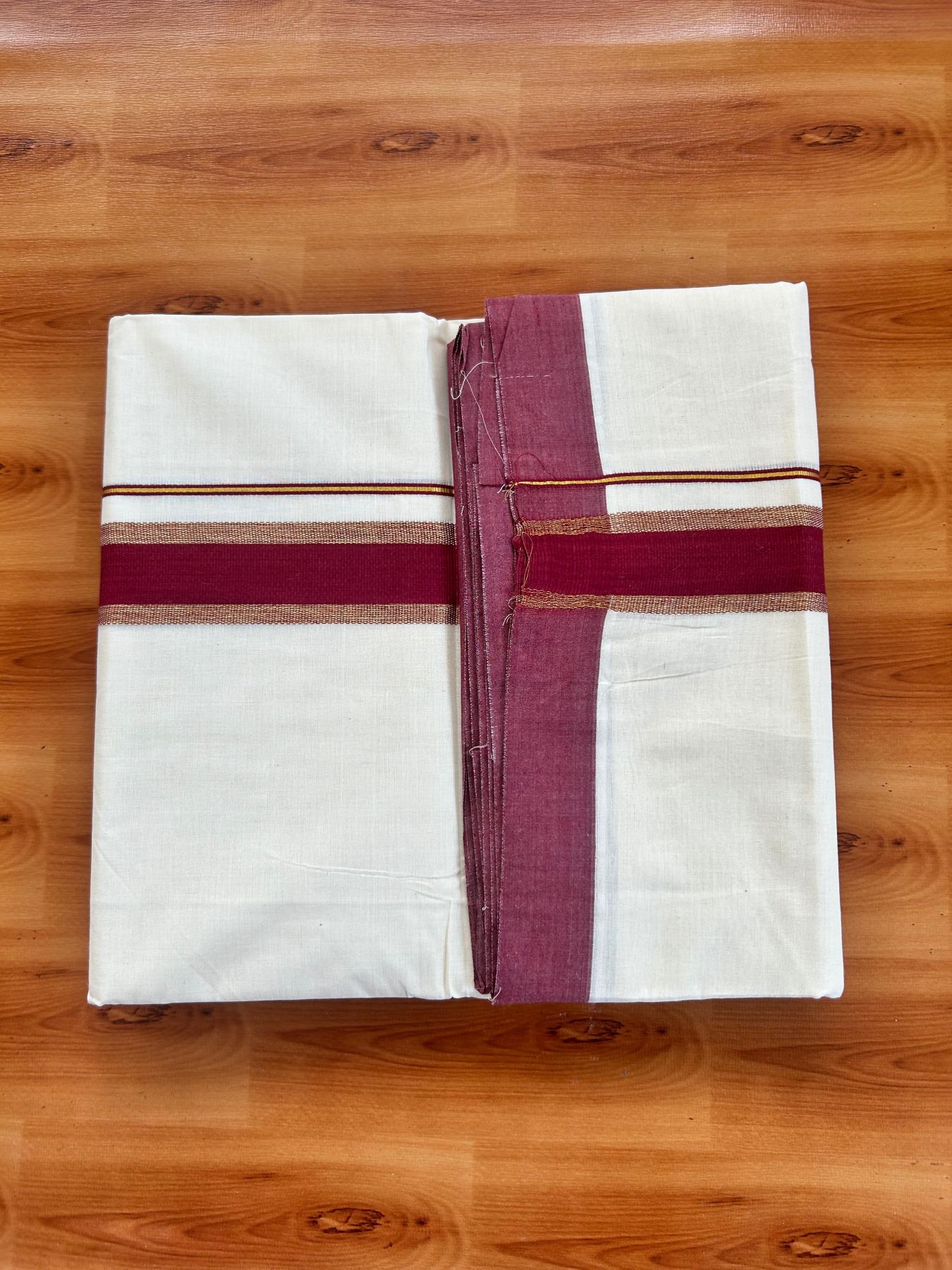 Double Off White (Unbleached) Mundu/Dhoti - 20% Discount! Kaitharikada Pure Cotton - 80x80 - 1.5 Inch Gold Kasav & Maroon Kara 4 mtr (8.5 muzham) - 8 KK5478 MRH