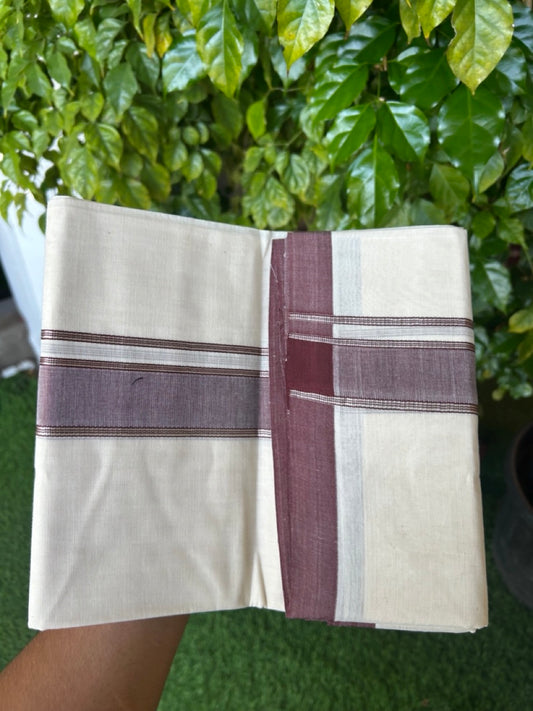 NEW !! 20% DISCOUNT!! KaithariKada Balaramapuram 100% Cotton Double Off white - (Unbleached) Mundu/Dhoti-100x80 - 1.5 inch Silver Kasavu & Brown Shaded Striped KARA - 3.75 mtr (8 Muzham) - 23KK5218 ASH