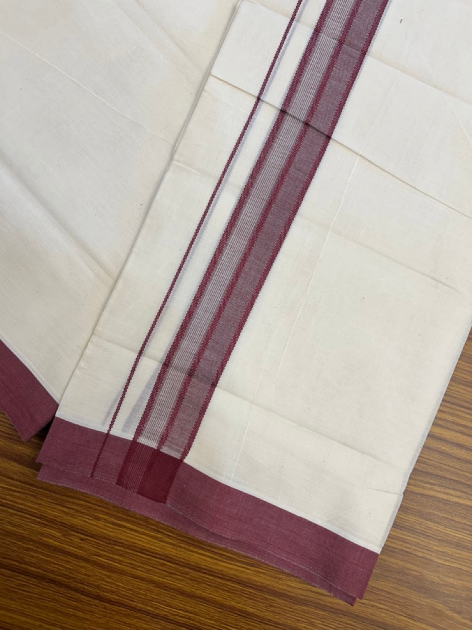 20% Discount! KaithariKada Balaramapuram 100%  Cotton Off White Double - (Unbleached) Mundu/Dhoti - 100X80 - 1.5 inch Maroon Shaded Striped Kara - 4 Mtr (8.5 Muzham) - 102 KK5294 THI