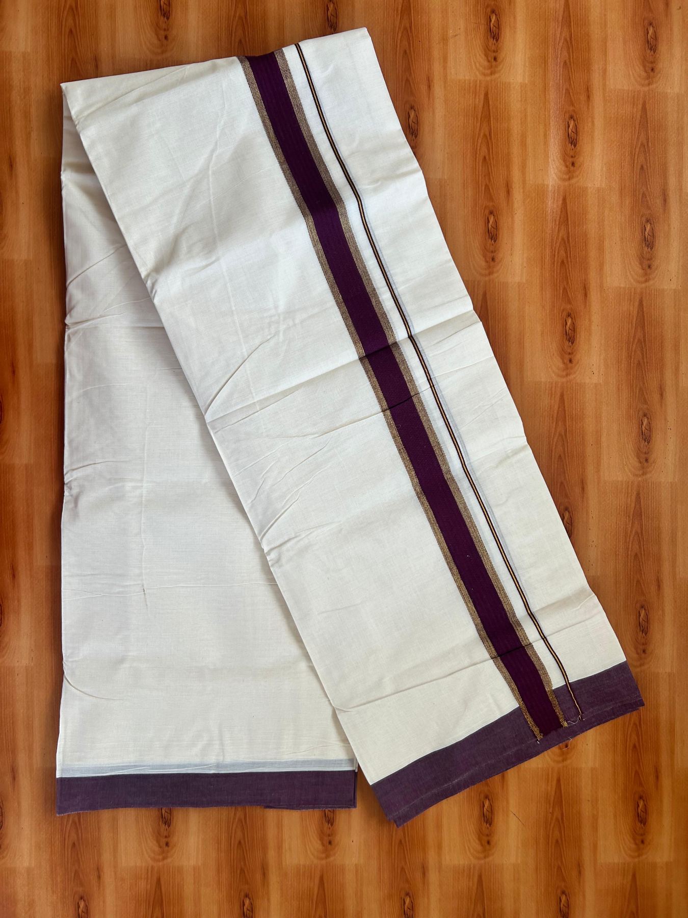 Double Off White (Unbleached) Mundu/Dhoti - 20% Discount! Kaitharikada Pure Cotton - 80x80 - 1.5 Inch Gold Kasav & Wine Kara 4 mtr (8.5 muzham) - 9 KK5478 MRH