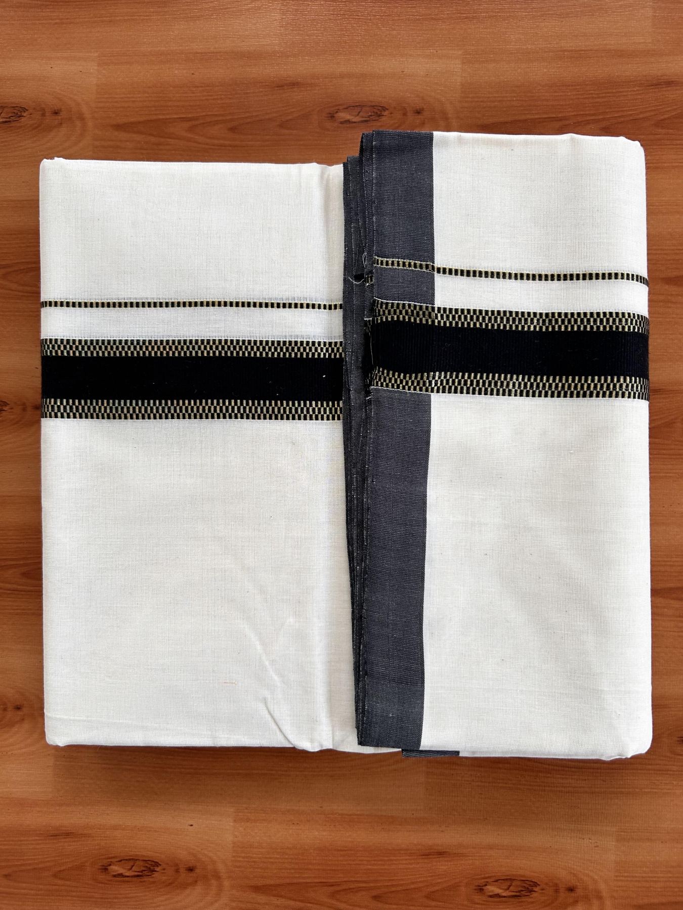 Double Off White (Unbleached) Mundu/Dhoti- 25% Discount! KaithariKada Handloom Millpaav - Kerala Handloom - Cotton - 80x90 - 1.5 inch Gold Kasav & Black Striped Kara 4 meter (8.5 Muzham) - 1 KK5430 RM