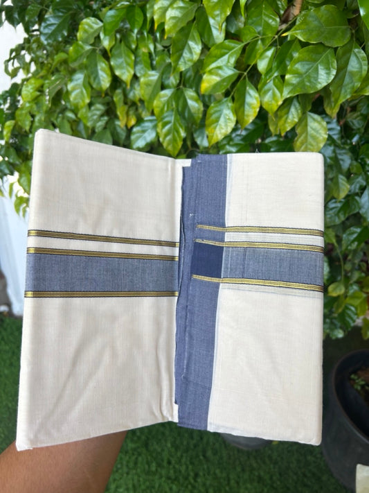 NEW !! 20% DISCOUNT!! KaithariKada Balaramapuram 100% Cotton Double Off white - (Unbleached) Mundu/Dhoti-100x80 - 1.5 inch Gold Kasavu & Blue Shaded Striped KARA - 3.75 mtr (8 Muzham) - 14KK5218 ASH