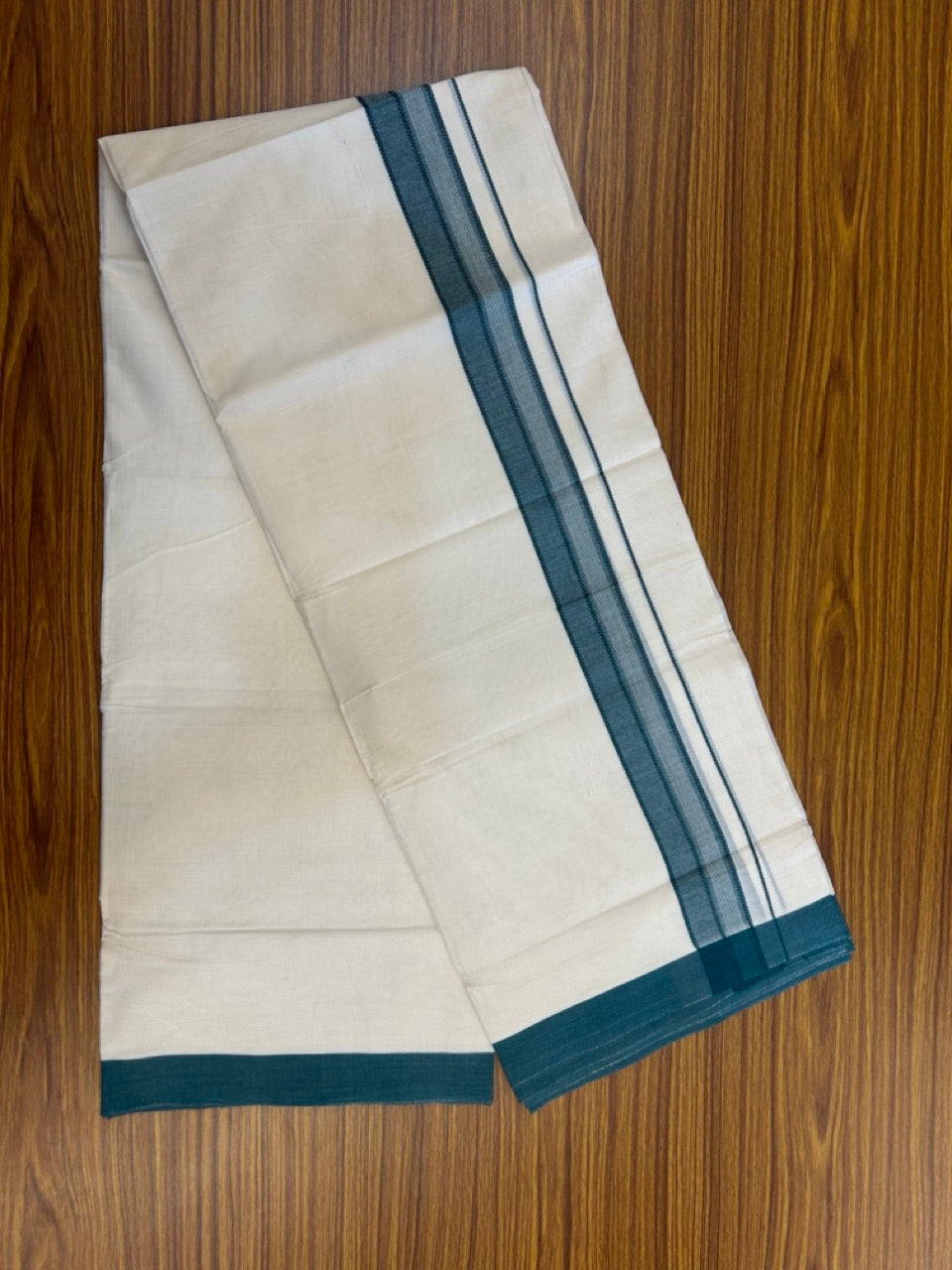 20% Discount! KaithariKada Balaramapuram 100%  Cotton Off White Double - (Unbleached) Mundu/Dhoti - 100X80 - 1.5 inch Peacock Green Shaded Striped Kara - 4 Mtr (8.5 Muzham) - 101 KK5294 THI