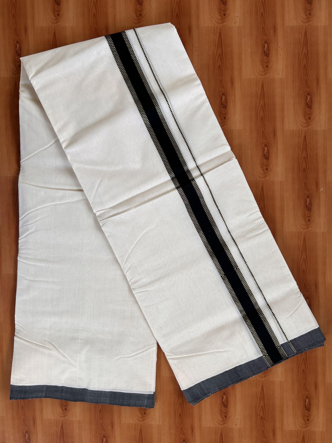 Double Off White (Unbleached) Mundu/Dhoti- 25% Discount! KaithariKada Handloom Millpaav - Kerala Handloom - Cotton - 80x90 - 1.5 inch Gold Kasav & Black Striped Kara 4 meter (8.5 Muzham) - 1 KK5430 RM