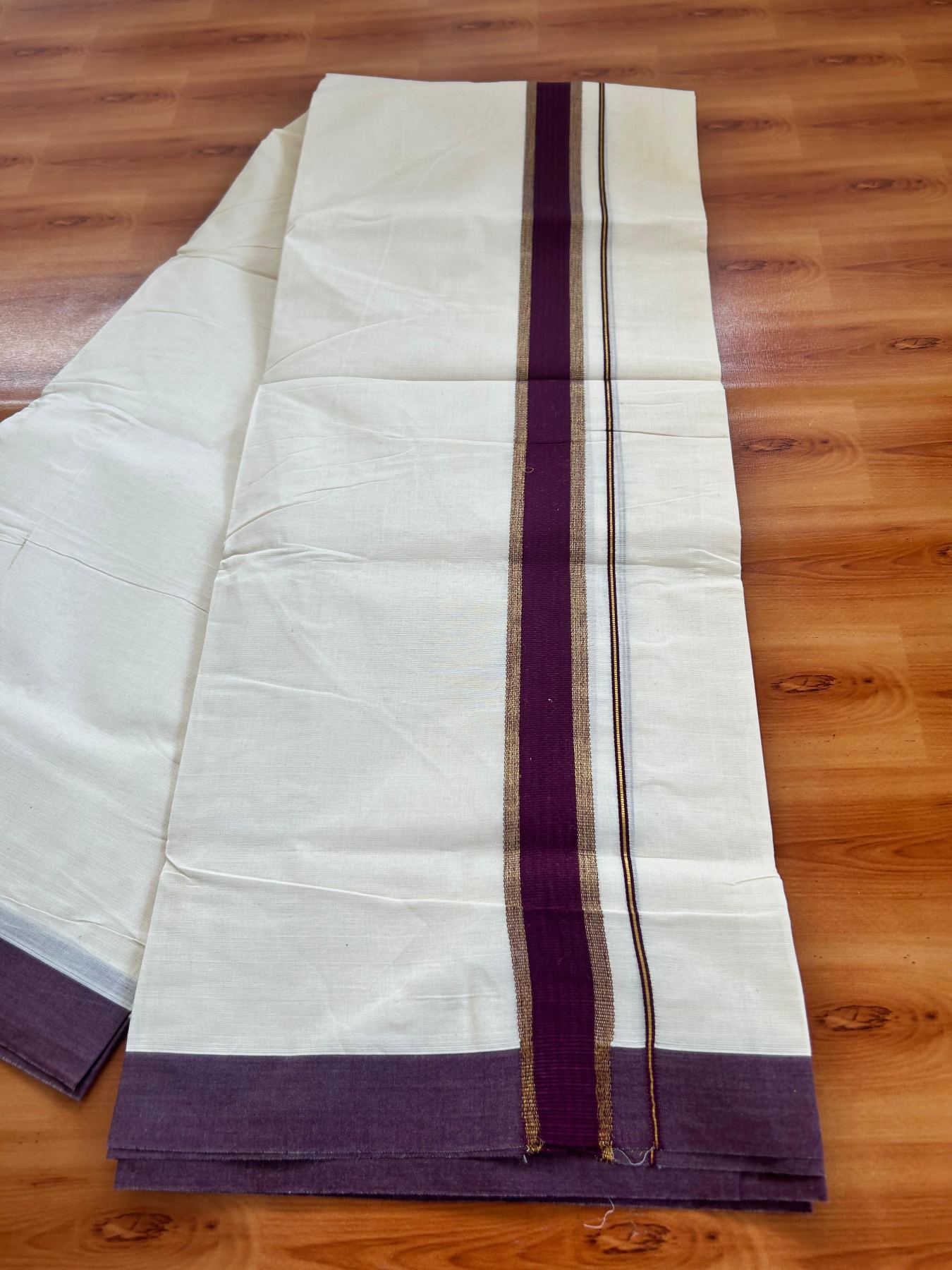 Double Off White (Unbleached) Mundu/Dhoti - 20% Discount! Kaitharikada Pure Cotton - 80x80 - 1.5 Inch Gold Kasav & Wine Kara 4 mtr (8.5 muzham) - 9 KK5478 MRH