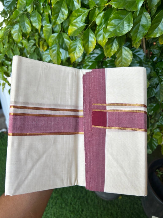 NEW !! 20% DISCOUNT!! KaithariKada Balaramapuram 100% Cotton Double Off white - (Unbleached) Mundu/Dhoti-100x80 - 1.5 inch Gold Kasavu & Maroon Shaded Striped KARA - 3.75 mtr (8 Muzham) - 11KK5218 ASH