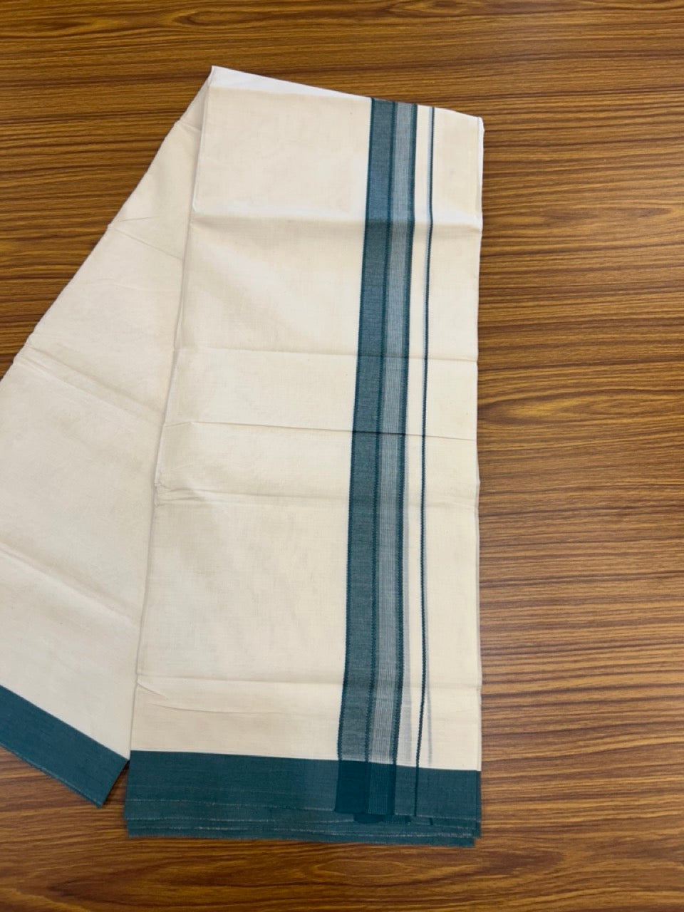 20% Discount! KaithariKada Balaramapuram 100%  Cotton Off White Double - (Unbleached) Mundu/Dhoti - 100X80 - 1.5 inch Peacock Green Shaded Striped Kara - 4 Mtr (8.5 Muzham) - 101 KK5294 THI