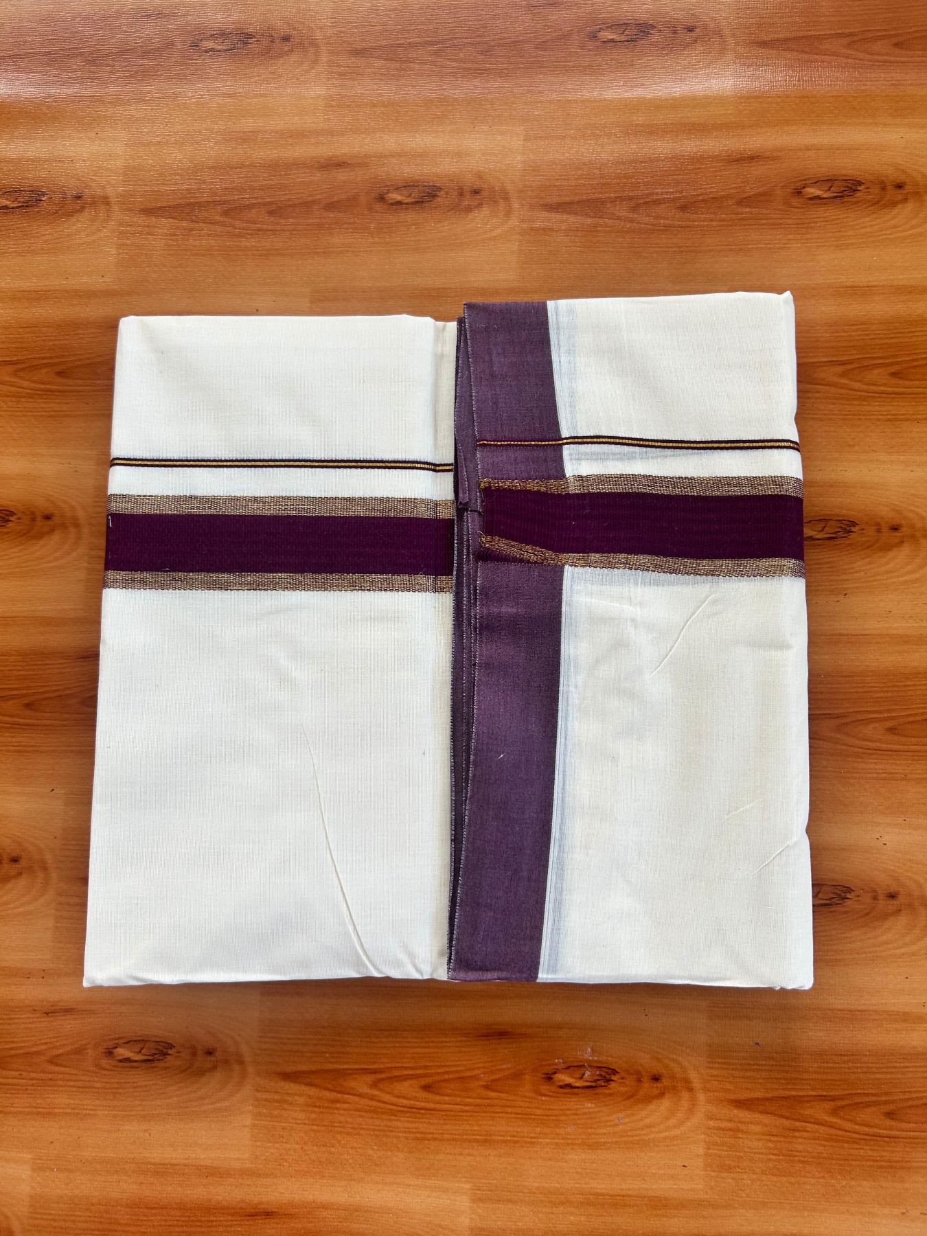 Double Off White (Unbleached) Mundu/Dhoti - 20% Discount! Kaitharikada Pure Cotton - 80x80 - 1.5 Inch Gold Kasav & Wine Kara 4 mtr (8.5 muzham) - 9 KK5478 MRH
