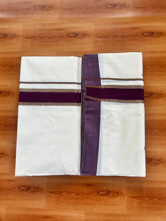 Double Off White (Unbleached) Mundu/Dhoti - 20% Discount! Kaitharikada Pure Cotton - 80x80 - 1.5 Inch Gold Kasav & Wine Kara 4 mtr (8.5 muzham) - 9 KK5478 MRH