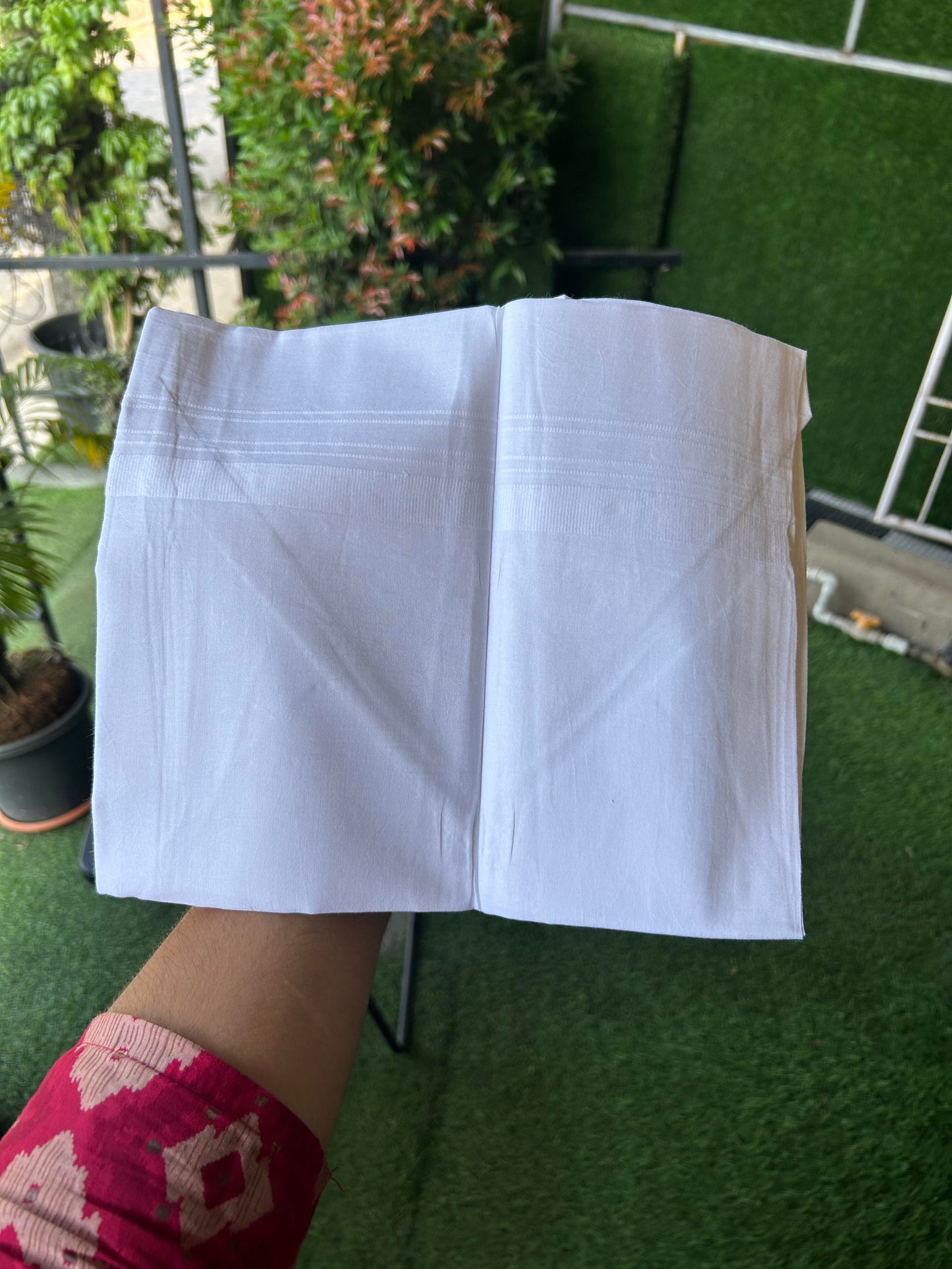 20% Discount! KaithariKada Balaramapuram 100% Cotton Double Pure white Mundu/Dhoti- 60s - 1.25 inch White Stripes Kara - Between3.80-3.95m (8 muzham) - 52 KK5355 CKS