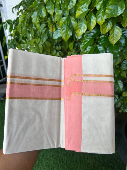 NEW !! 20% DISCOUNT!! KaithariKada Balaramapuram 100% Cotton Double Off white - (Unbleached) Mundu/Dhoti-100x80 - 1.5 inch Gold Kasavu & Peach Shaded Striped KARA - 3.75 mtr (8 Muzham) - 10KK5218 ASH