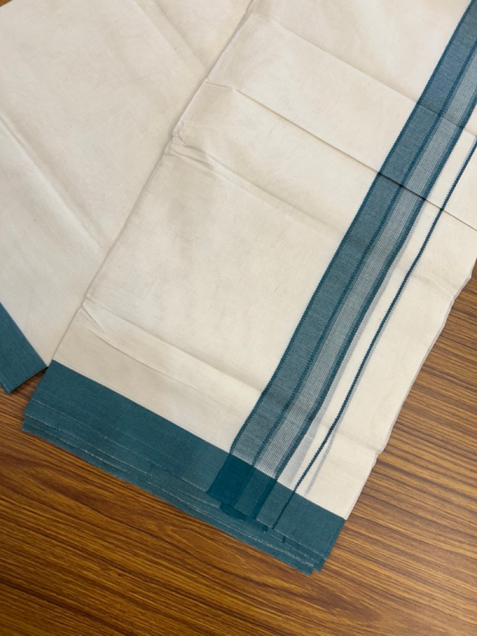 20% Discount! KaithariKada Balaramapuram 100%  Cotton Off White Double - (Unbleached) Mundu/Dhoti - 100X80 - 1.5 inch Peacock Green Shaded Striped Kara - 4 Mtr (8.5 Muzham) - 101 KK5294 THI