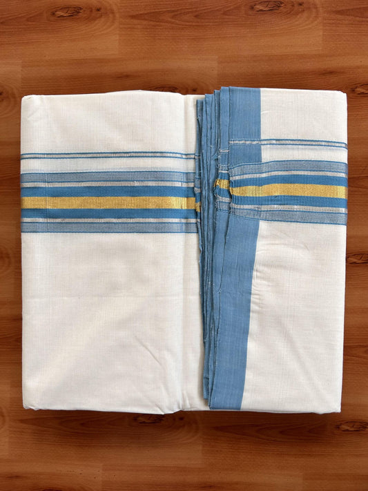 Double Off White (Unbleached) Mundu/Dhoti - 25% Discount! KaithariKada Handloom Millpaav - Kerala Handloom - Cotton - 80x90 - 2 inch Gold & Silver Kasav Striped & Sky Blue Kara 4 meter (8.5 Muzham) - 7 KK5430 RAM