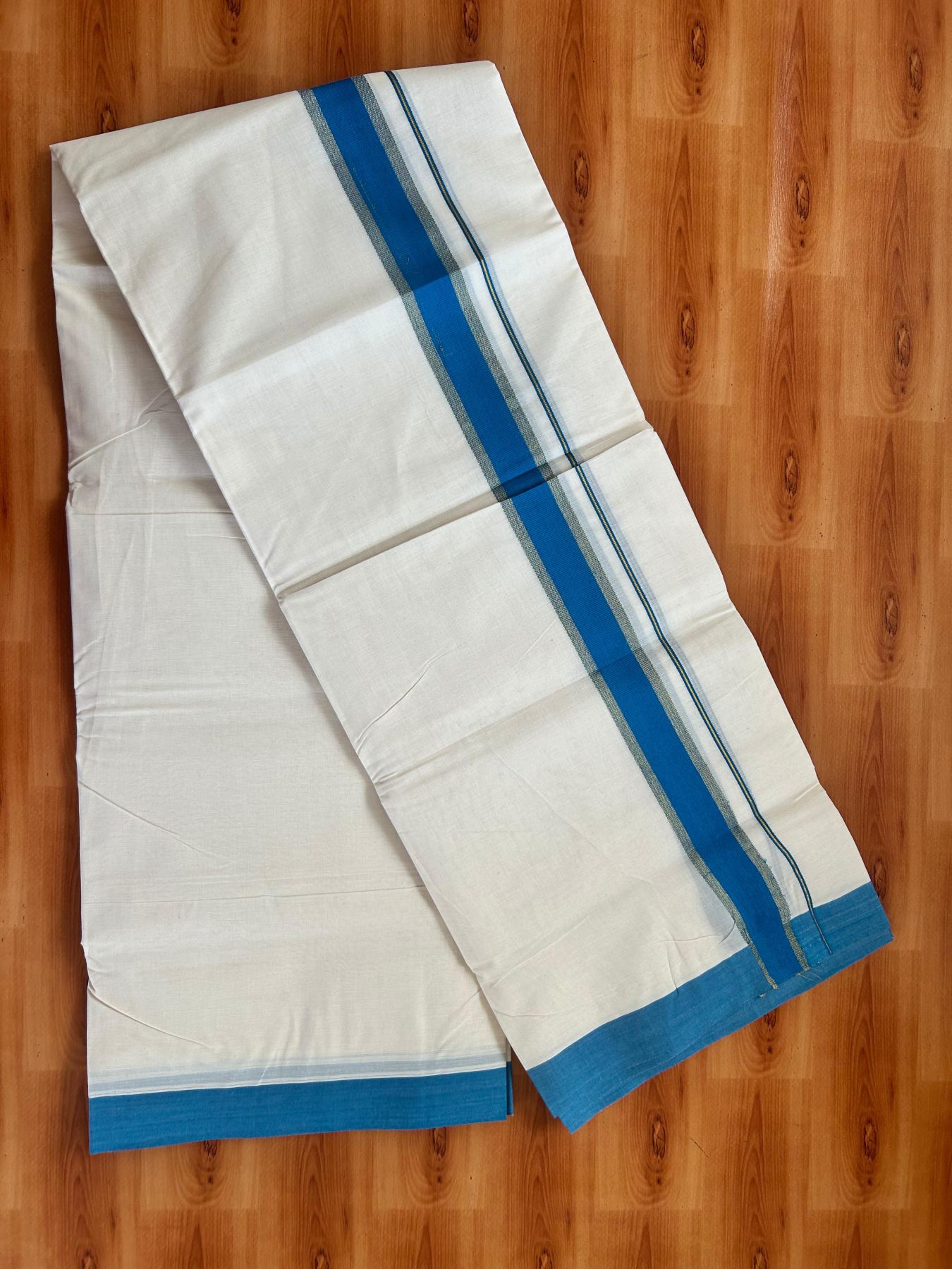 Double Off White (Unbleached) Mundu/Dhoti - 20% Discount! Kaitharikada Pure Cotton - 80x80 - 1.5 Inch Gold Kasav & Peacock Blue Kara 4 mtr (8.5 muzham) - 10 KK5478 MRH