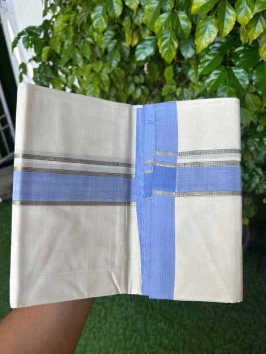 NEW !! 20% DISCOUNT!! KaithariKada Balaramapuram 100% Cotton Double Off white - (Unbleached) Mundu/Dhoti-100x80 - 1.5 inch Gold Kasavu & Lavender Blue Shaded Striped KARA - 3.75 mtr (8 Muzham) - 12KK5218 ASH