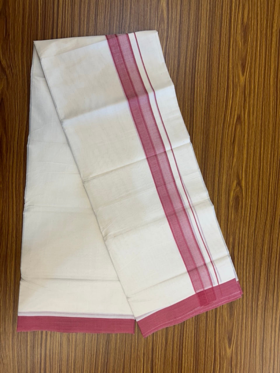 20% Discount! KaithariKada Balaramapuram 100%  Cotton Off White Double - (Unbleached) Mundu/Dhoti - 100X80 - 1.5 inch Bright Maroon Shaded Striped Kara - 4 Mtr (8.5 Muzham) - 106 KK5294 THI