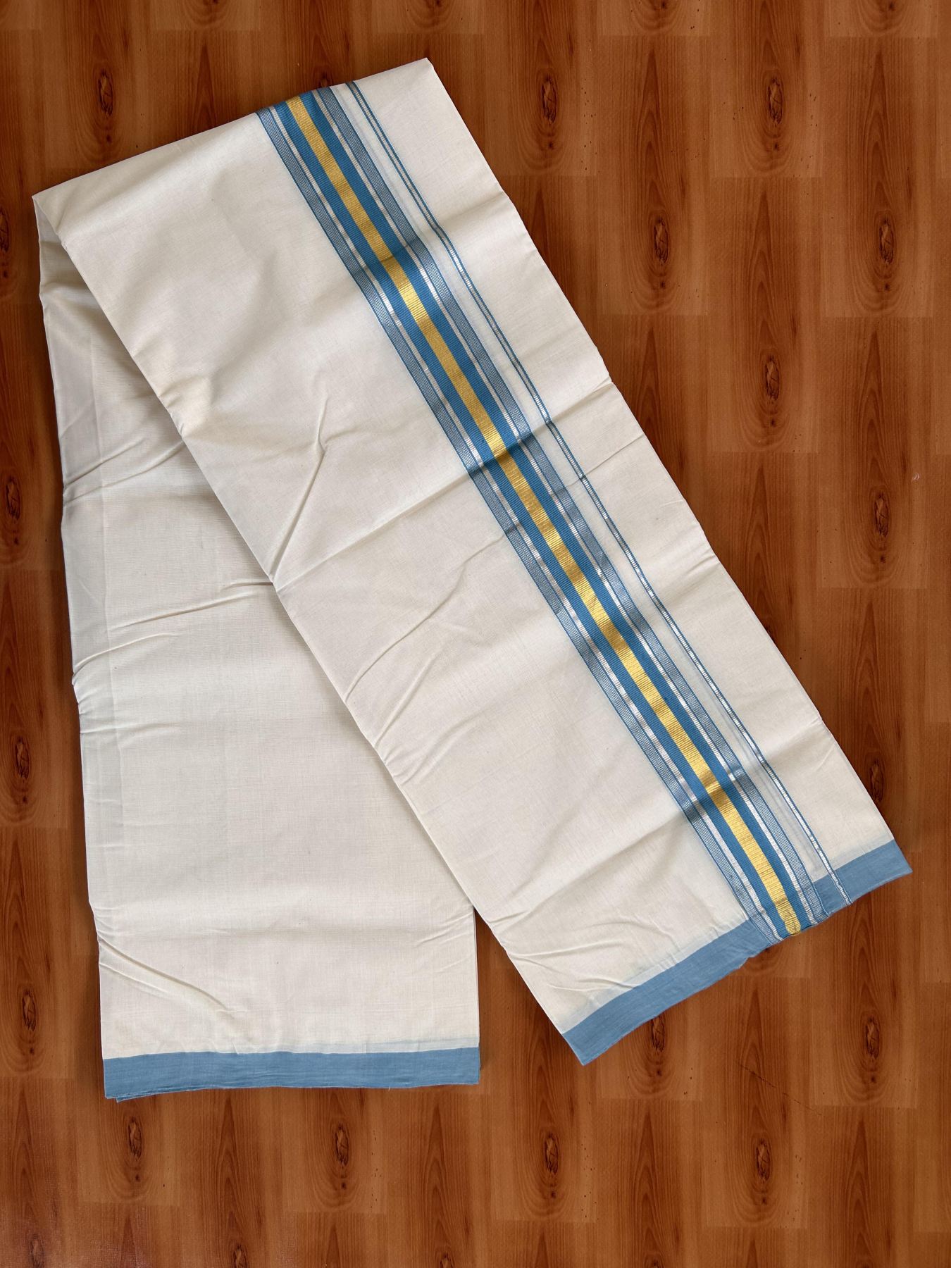 Double Off White (Unbleached) Mundu/Dhoti - 25% Discount! KaithariKada Handloom Millpaav - Kerala Handloom - Cotton - 80x90 - 2 inch Gold & Silver Kasav Striped & Sky Blue Kara 4 meter (8.5 Muzham) - 7 KK5430 RAM