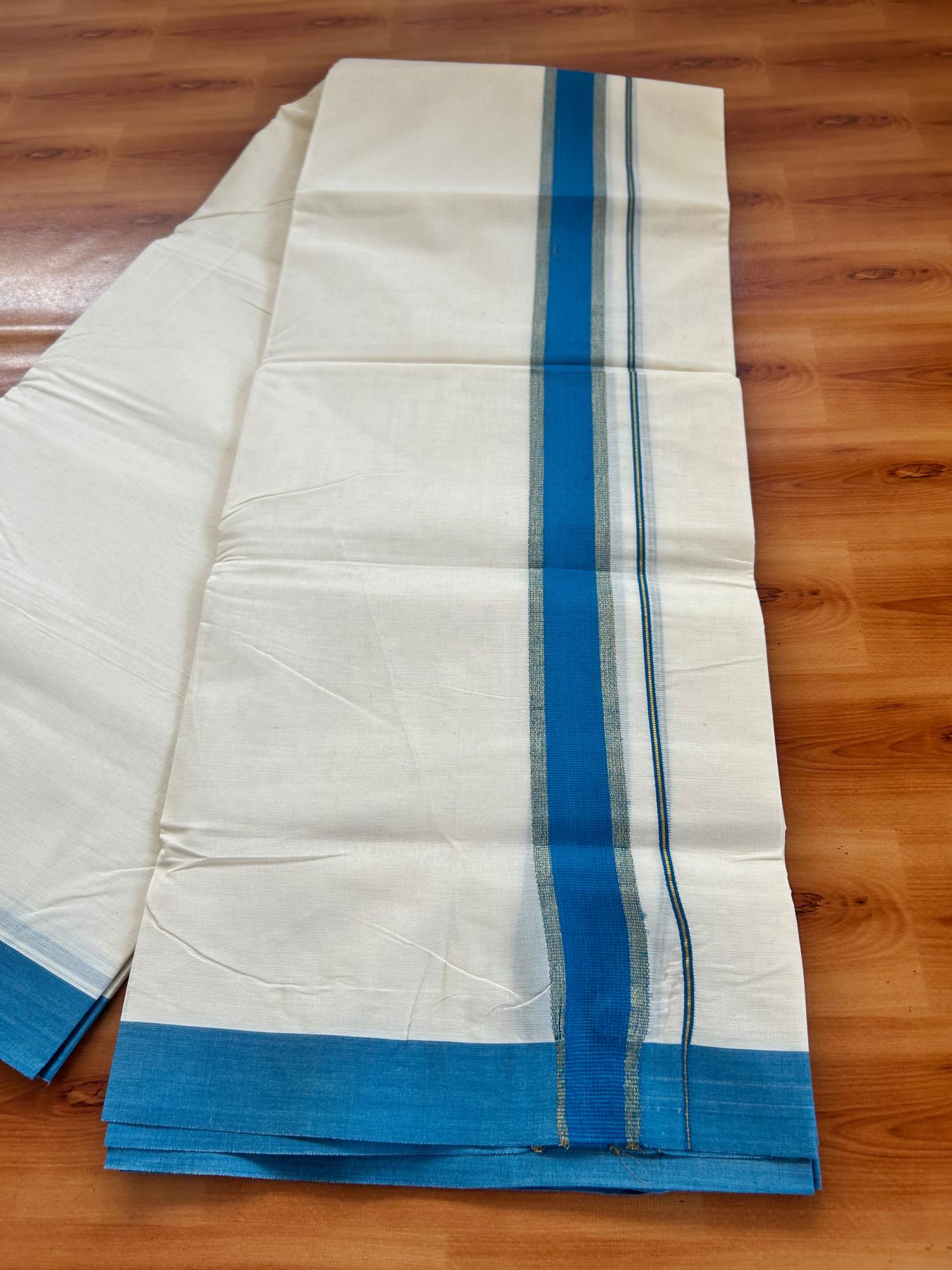 Double Off White (Unbleached) Mundu/Dhoti - 20% Discount! Kaitharikada Pure Cotton - 80x80 - 1.5 Inch Gold Kasav & Peacock Blue Kara 4 mtr (8.5 muzham) - 10 KK5478 MRH