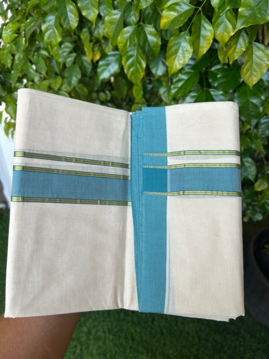 NEW !! 20% DISCOUNT!! KaithariKada Balaramapuram 100% Cotton Double Off white - (Unbleached) Mundu/Dhoti-100x80 - 1.5 inch Gold Kasavu & Peacock Blue Shaded Striped KARA - 3.75 mtr (8 Muzham) - 9KK5218 ASH