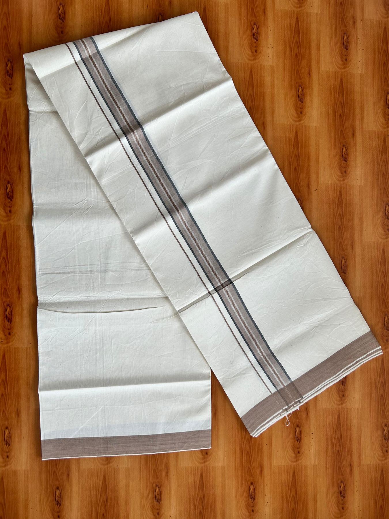 Single Off White (Unbleached) Mundu/Dhoti - 36% DISCOUNT!! KaithariKada Balaramapuram 100% Cotton - Twisted 60s Thread - 1.25 inch Silver Kasav Black & Dusty Brown Shaded Striped Kara (2 meter / 4 muzham) - 31 KK5495 GL