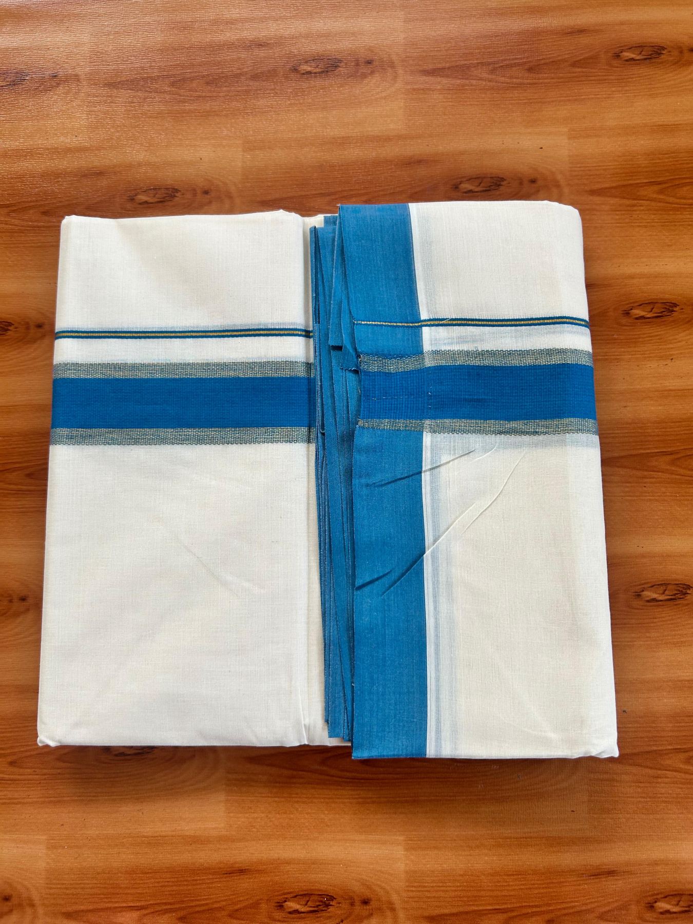 Double Off White (Unbleached) Mundu/Dhoti - 20% Discount! Kaitharikada Pure Cotton - 80x80 - 1.5 Inch Gold Kasav & Peacock Blue Kara 4 mtr (8.5 muzham) - 10 KK5478 MRH