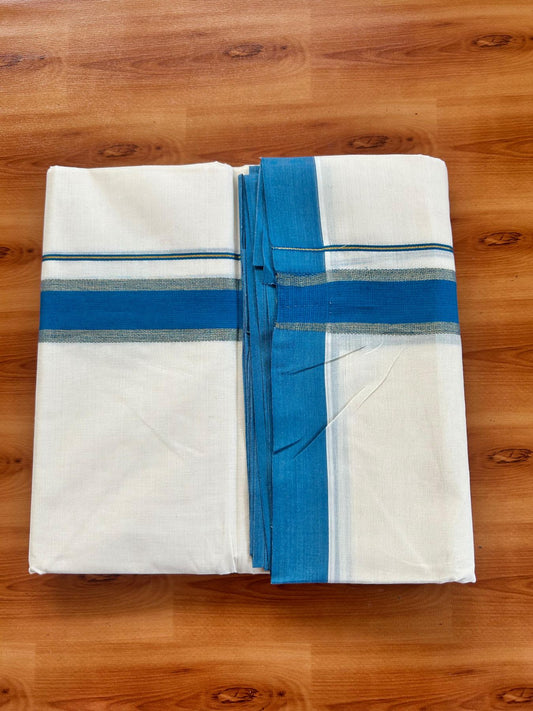 Double Off White (Unbleached) Mundu/Dhoti - 20% Discount! Kaitharikada Pure Cotton - 80x80 - 1.5 Inch Gold Kasav & Peacock Blue Kara 4 mtr (8.5 muzham) - 10 KK5478 MRH