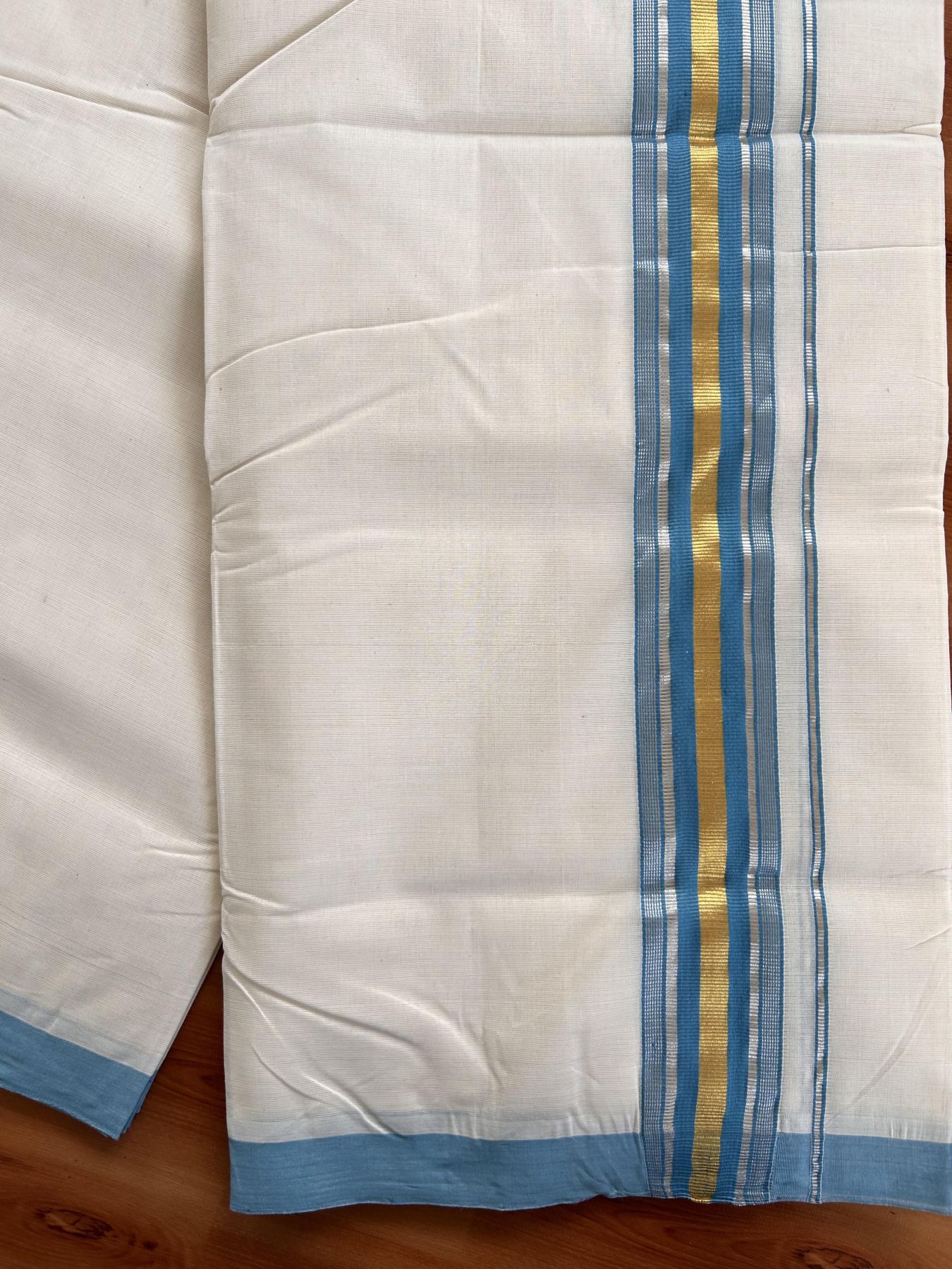 Double Off White (Unbleached) Mundu/Dhoti - 25% Discount! KaithariKada Handloom Millpaav - Kerala Handloom - Cotton - 80x90 - 2 inch Gold & Silver Kasav Striped & Sky Blue Kara 4 meter (8.5 Muzham) - 7 KK5430 RAM