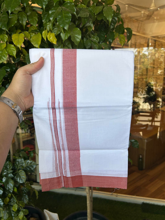 20% Discount! KaithariKada Balaramapuram 100% Cotton Double Pure white Mundu/Dhoti- 60s - 1.25 inch Brick Red Shaded Stripes Chutty Kara - Between3.80-3.95m (8 muzham) - 48 KK5355 CKS