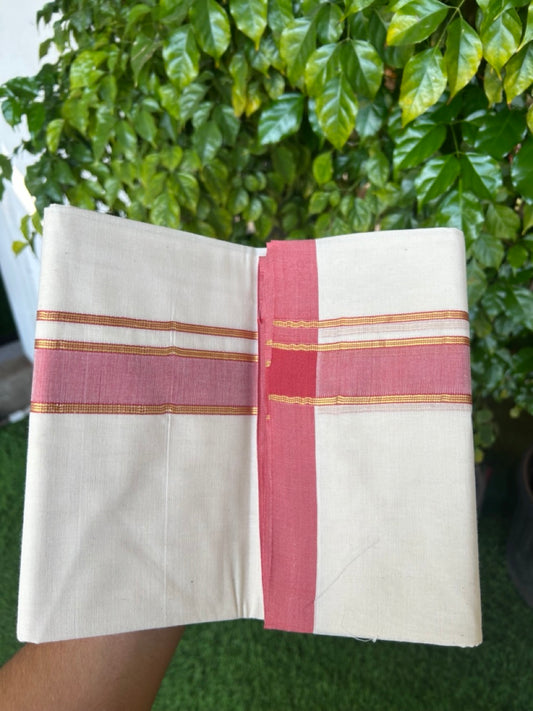 NEW !! 20% DISCOUNT!! KaithariKada Balaramapuram 100% Cotton Double Off white - (Unbleached) Mundu/Dhoti-100x80 - 1.5 inch Gold Kasavu & Brick Red Shaded Striped KARA - 3.75 mtr (8 Muzham) - 13KK5218 ASH