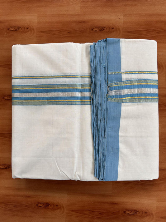 Double Off White (Unbleached) Mundu/Dhoti - 25% Discount! KaithariKada Handloom Millpaav - Kerala Handloom - Cotton - 80x90 - 1.5 inch Gold & Silver Kasav Striped & Sky Blue Kara 4 meter (8.5 Muzham) - 8 KK5430 RAM
