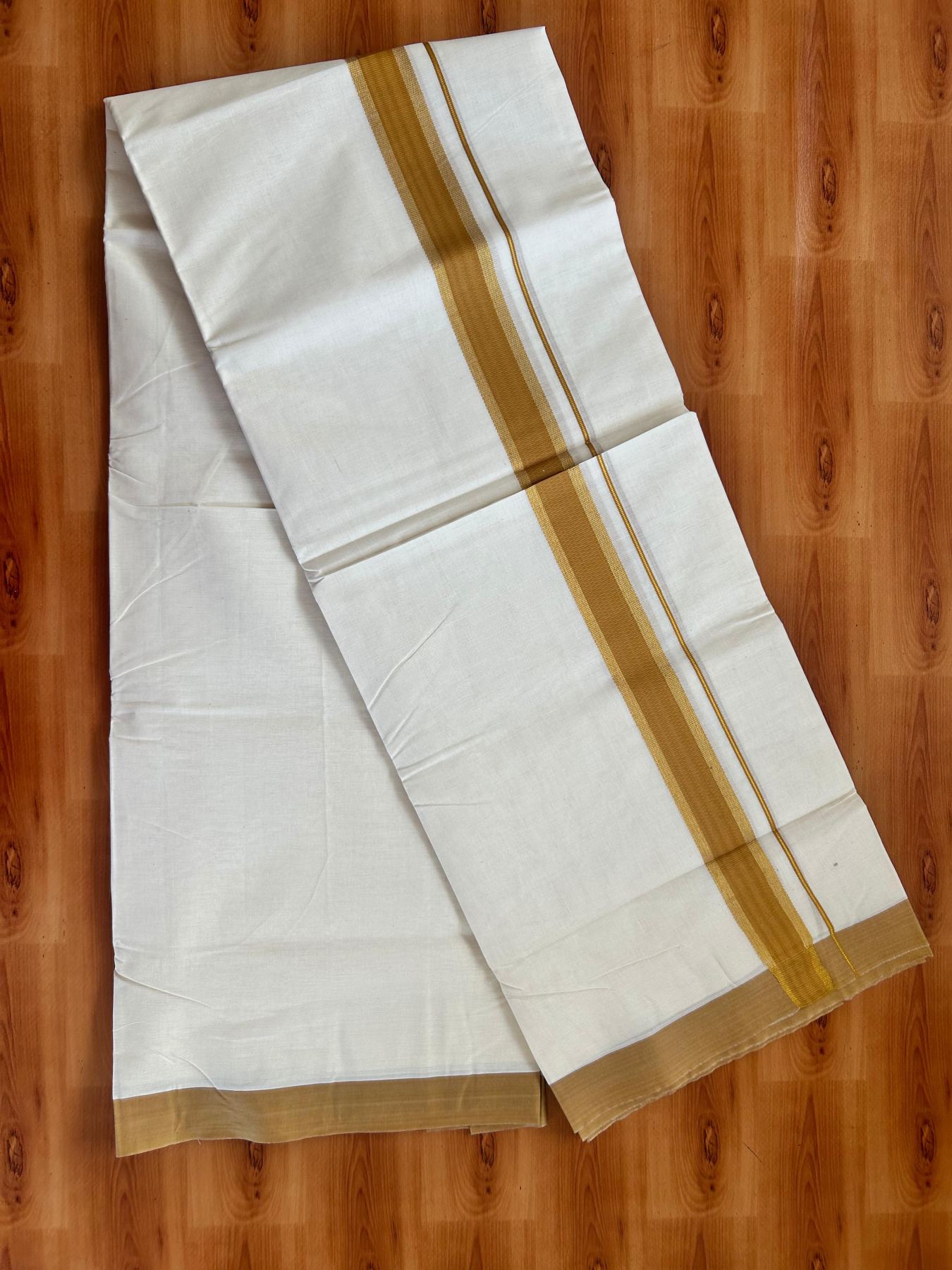 Double Off White (Unbleached) Mundu/Dhoti - 20% Discount! Kaitharikada Pure Cotton - 80x80 - 1.5 Inch Gold Kasav & Brownish Orange Kara 4 mtr (8.5 muzham) - 11 KK5478 MRH