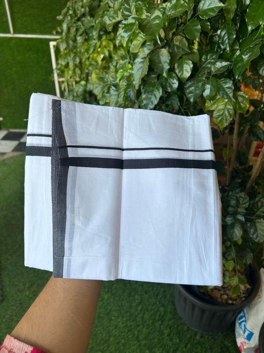 20% Discount! KaithariKada Balaramapuram 100% Cotton Double Pure white Mundu/Dhoti- 100x80 - 1.5 cm inch Black Kara - Between3.80-3.95m (8 muzham) - 50 KK5355 CKS