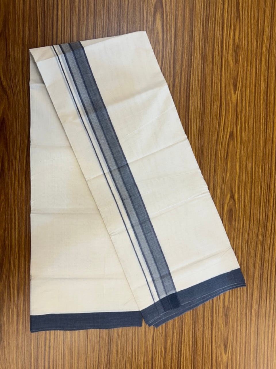 20% Discount! KaithariKada Balaramapuram 100%  Cotton Off White Double - (Unbleached) Mundu/Dhoti - 100X80 - 1.5 inch Ash Blue Shaded Striped Kara - 4 Mtr (8.5 Muzham) - 104 KK5294 THI