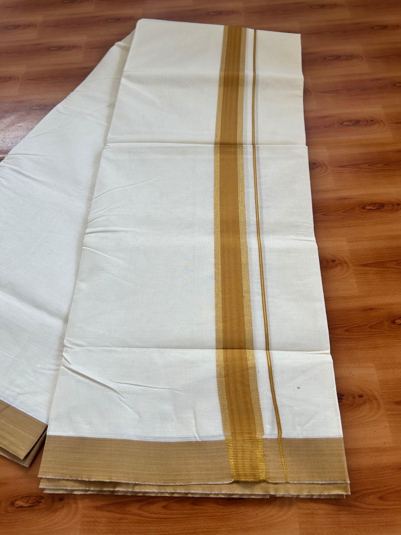 Double Off White (Unbleached) Mundu/Dhoti - 20% Discount! Kaitharikada Pure Cotton - 80x80 - 1.5 Inch Gold Kasav & Brownish Orange Kara 4 mtr (8.5 muzham) - 11 KK5478 MRH