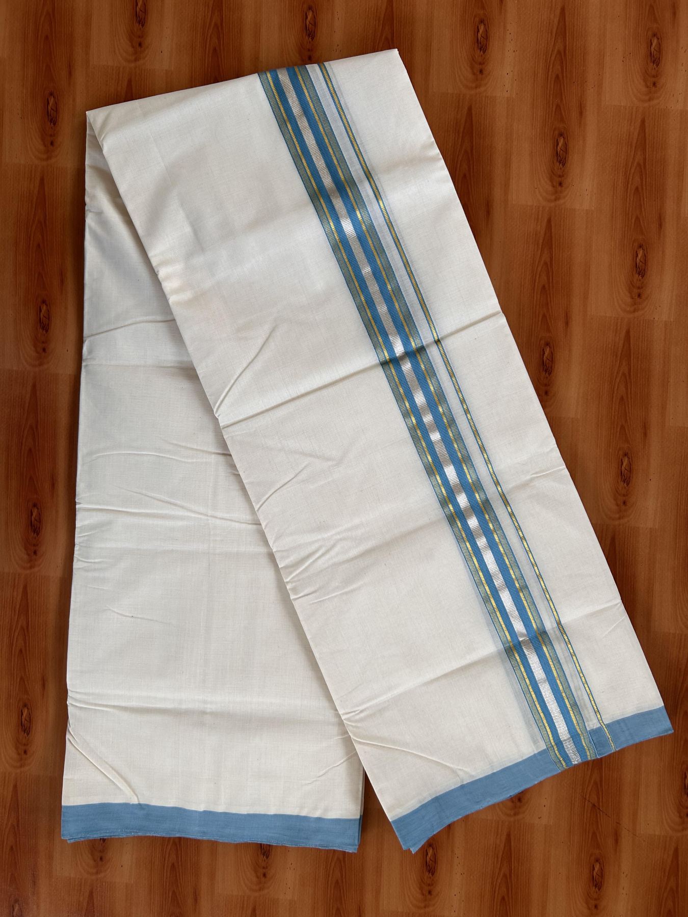 Double Off White (Unbleached) Mundu/Dhoti - 25% Discount! KaithariKada Handloom Millpaav - Kerala Handloom - Cotton - 80x90 - 1.5 inch Gold & Silver Kasav Striped & Sky Blue Kara 4 meter (8.5 Muzham) - 8 KK5430 RAM