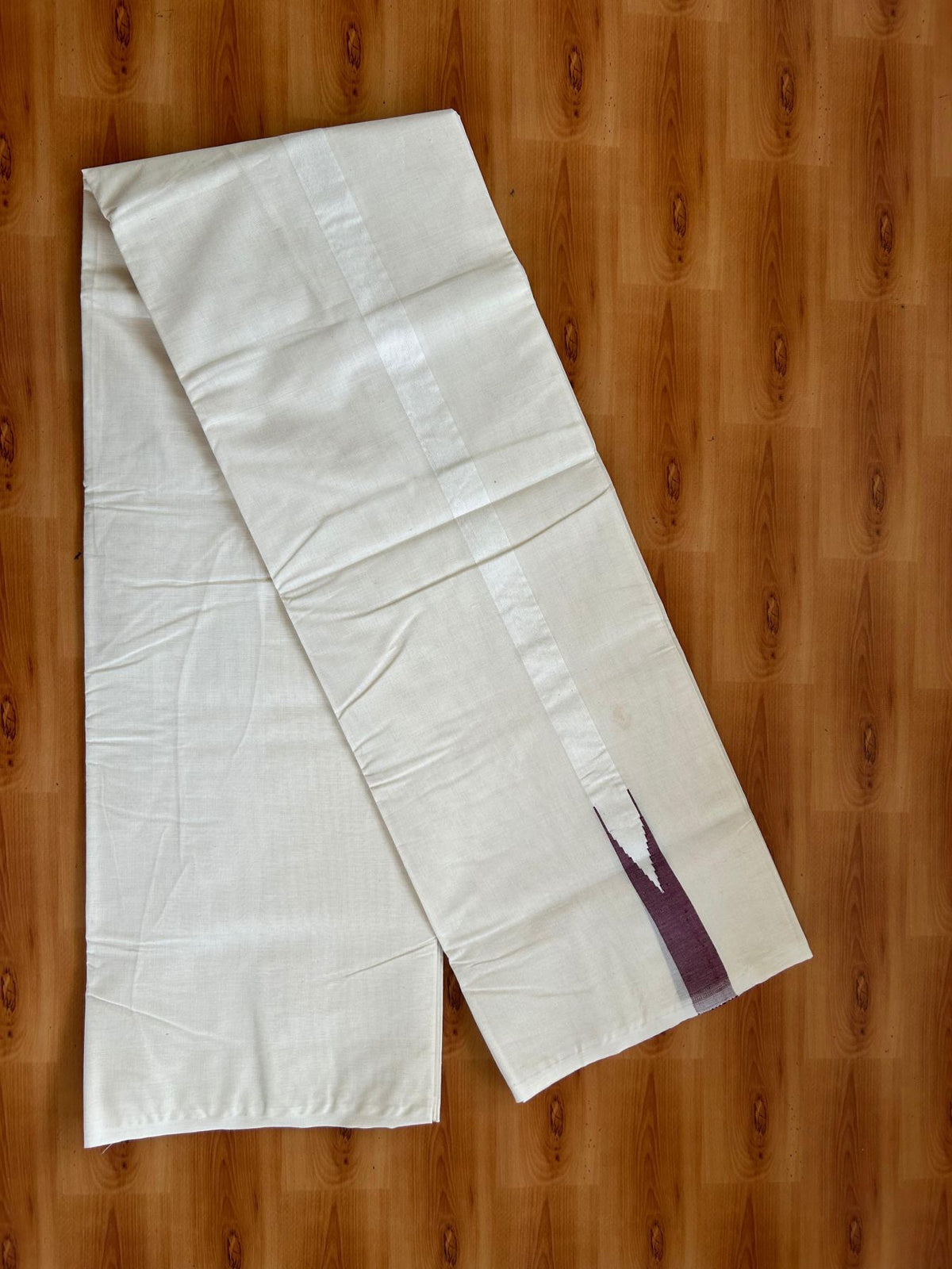 Double Off White (Unbleached) Mundu/Dhoti - 20% Discount!! KaithariKada Pulimood 100% Cotton 100x100 - 1 inch Puliyilakkara Maroon Chutty Kara - 3.75 mtr (8 muzham) - 20 KK5546 ASH