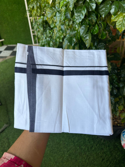 20% Discount! KaithariKada Balaramapuram 100% Cotton Double Pure white Mundu/Dhoti- 100x80 - 1.5 cm inch Navy Blue Kara - Between3.80-3.95m (8 muzham) - 51 KK5355 CKS