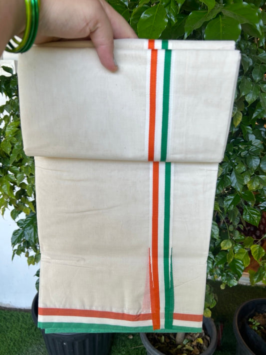 CONGRESS VESHTI - 20% DISCOUNT! KaithariKada 100% Cotton off white Double - (Unbleached) Mundu/Dhoti - 100X80 - 1.25 inch Puliyilakkara Orange White & Green Chutty Kara - 31KK5218ASH