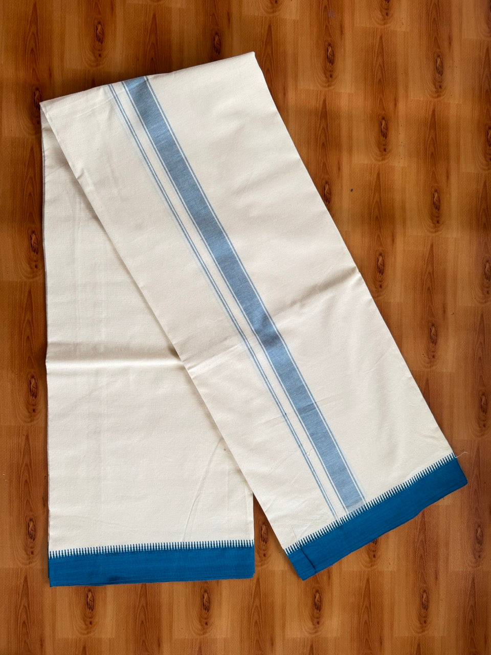 Single Off White Mund / Dhoti - Pure Combed Cotton Kaitharikada Pulimood Special - 2/40s Twisted Warp x 20s Weft - 1.25 inch Peacock Blue Striped Kara Off White Body Kuppadam Border (2 meter / 4 muzham) - 1 KK8095 MRH