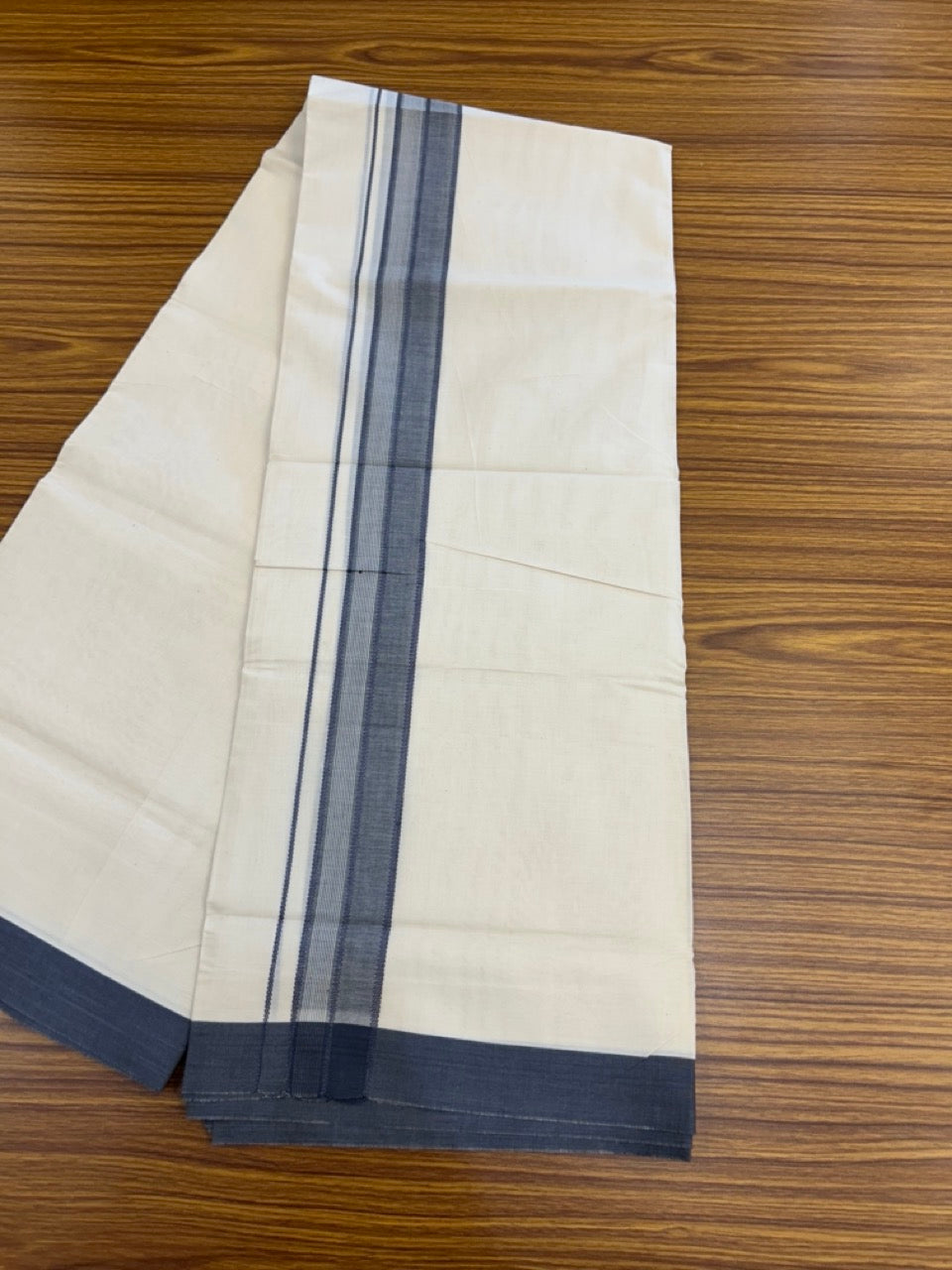 20% Discount! KaithariKada Balaramapuram 100%  Cotton Off White Double - (Unbleached) Mundu/Dhoti - 100X80 - 1.5 inch Ash Blue Shaded Striped Kara - 4 Mtr (8.5 Muzham) - 104 KK5294 THI