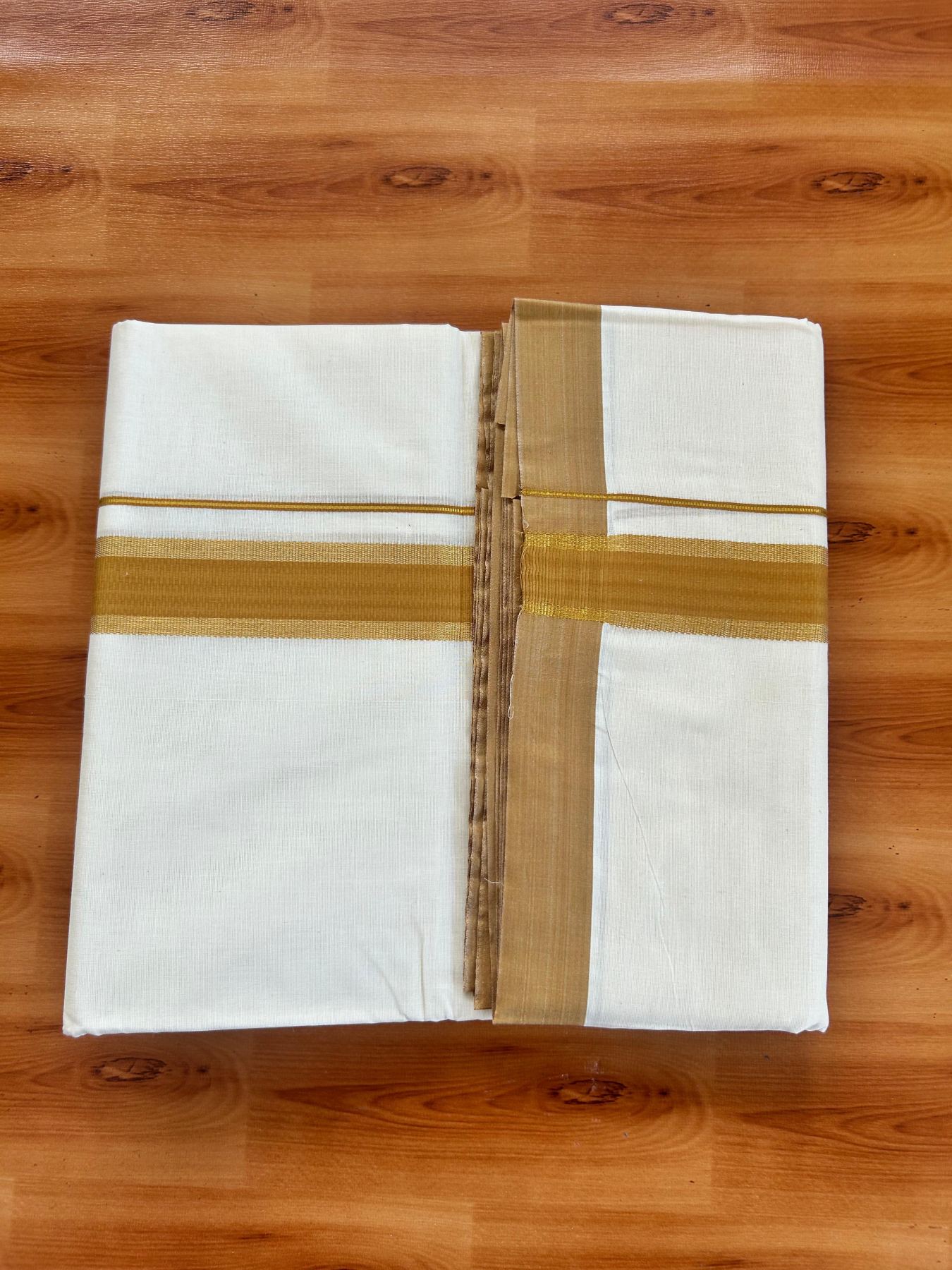 Double Off White (Unbleached) Mundu/Dhoti - 20% Discount! Kaitharikada Pure Cotton - 80x80 - 1.5 Inch Gold Kasav & Brownish Orange Kara 4 mtr (8.5 muzham) - 11 KK5478 MRH