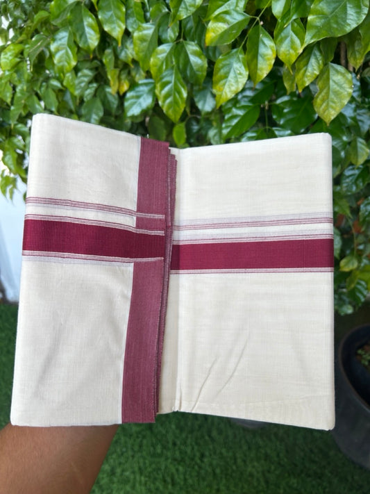 NEW !! 20% DISCOUNT!! KaithariKada Balaramapuram 100% Cotton Double Off white - (Unbleached) Mundu/Dhoti-100x80 - 1.25 inch Maroon Striped KARA - 3.75 mtr (8 Muzham) - 1KK5218 ASH