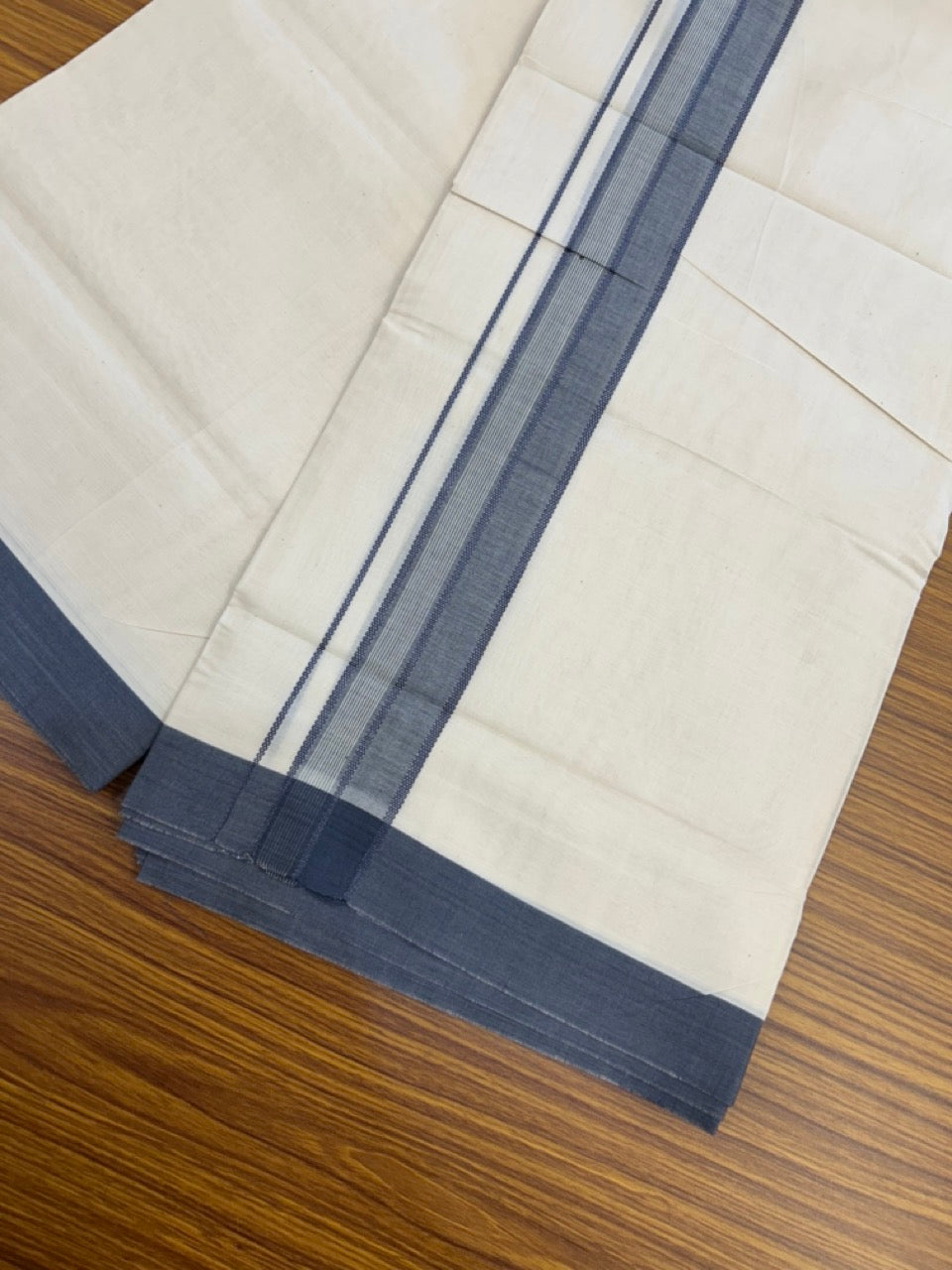 20% Discount! KaithariKada Balaramapuram 100%  Cotton Off White Double - (Unbleached) Mundu/Dhoti - 100X80 - 1.5 inch Ash Blue Shaded Striped Kara - 4 Mtr (8.5 Muzham) - 104 KK5294 THI