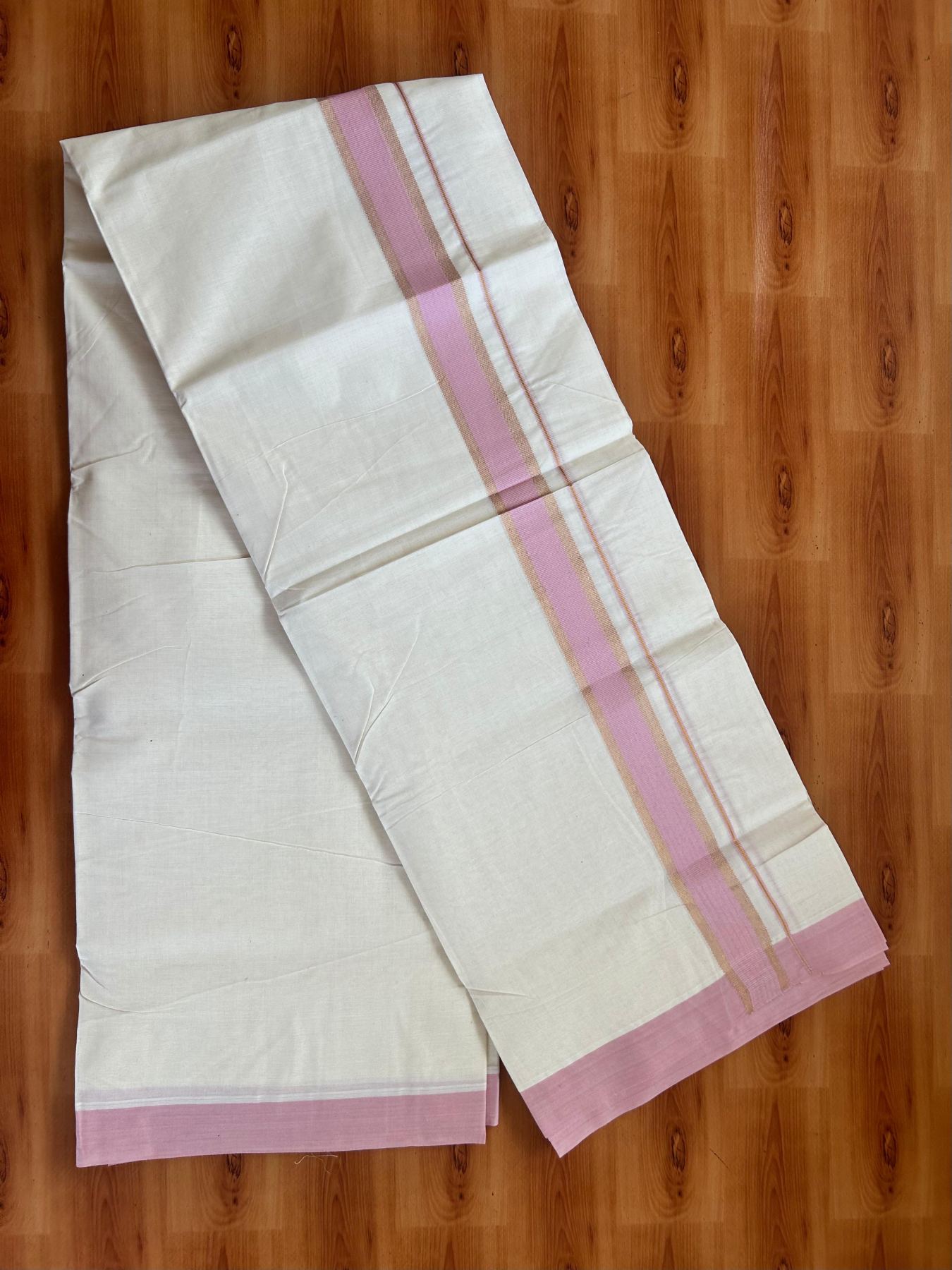 Double Off White (Unbleached) Mundu/Dhoti - 20% Discount! Kaitharikada Pure Cotton - 80x80 - 1.5 Inch Gold Kasav & Pink Kara 4 mtr (8.5 muzham) - 12 KK5478 MRH