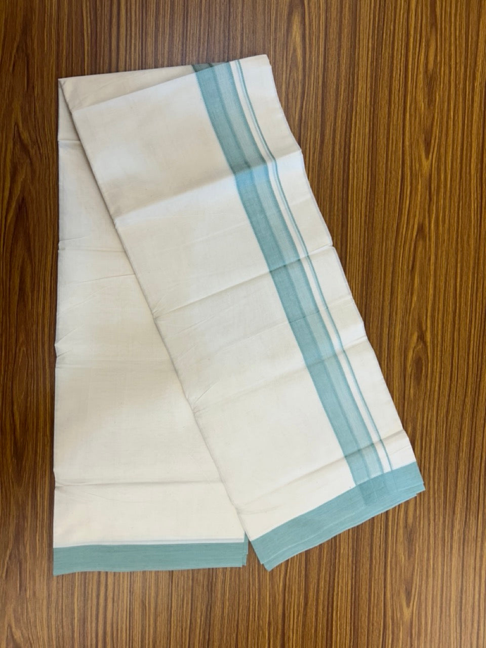 20% Discount! KaithariKada Balaramapuram 100%  Cotton Off White Double - (Unbleached) Mundu/Dhoti - 100X80 - 1.5 inch Pastel Green Shaded Striped Kara - 4 Mtr (8.5 Muzham) - 105 KK5294 THI