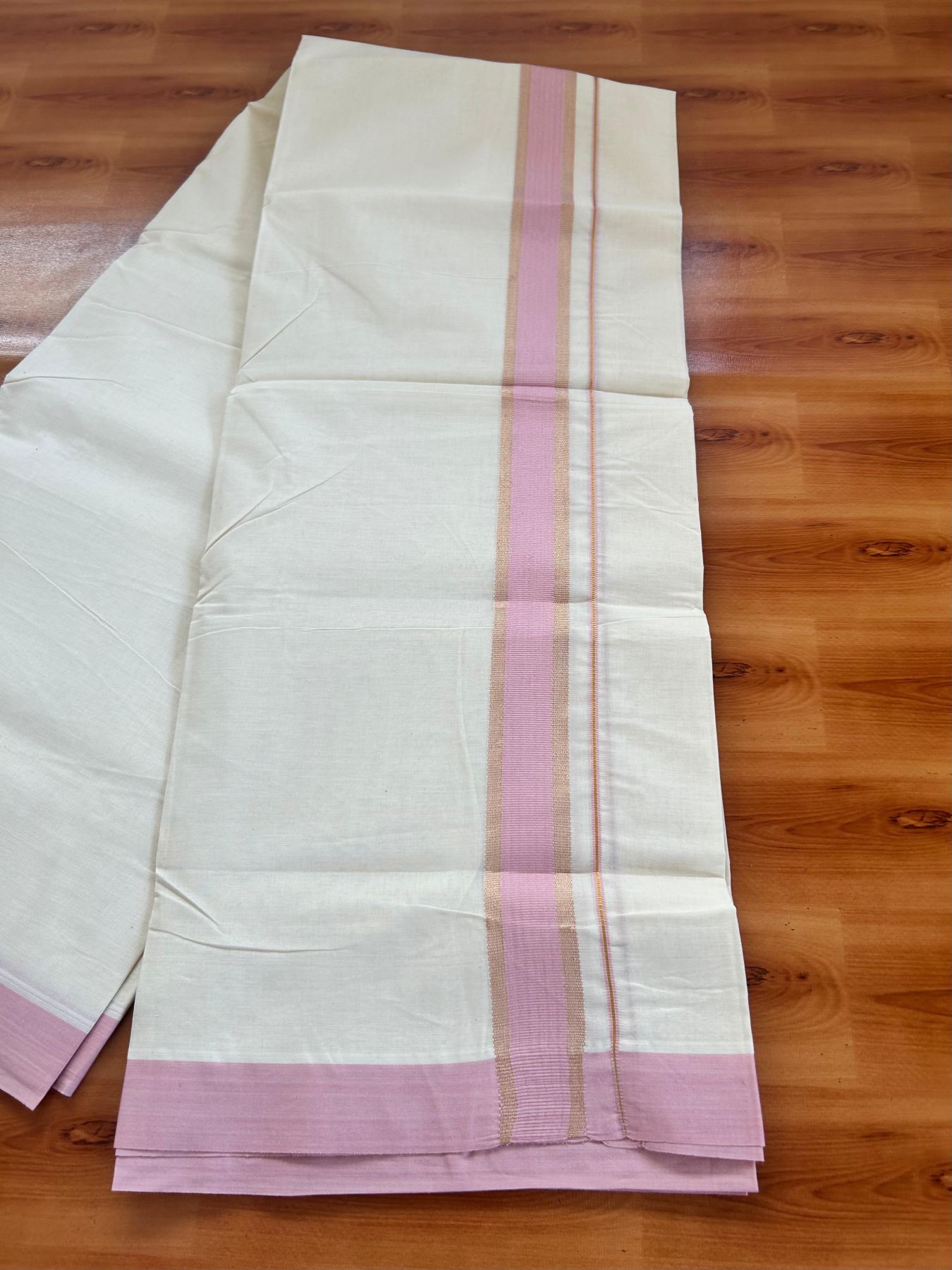 Double Off White (Unbleached) Mundu/Dhoti - 20% Discount! Kaitharikada Pure Cotton - 80x80 - 1.5 Inch Gold Kasav & Pink Kara 4 mtr (8.5 muzham) - 12 KK5478 MRH