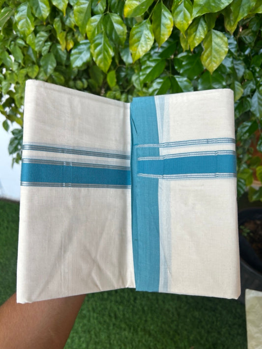 NEW !! 20% DISCOUNT!! KaithariKada Balaramapuram 100% Cotton Double Off white - (Unbleached) Mundu/Dhoti-100x80 - 1 inch Silver Kasavu & Teal Blue Striped KARA - 3.75 mtr (8 Muzham) - 21KK5218 ASH