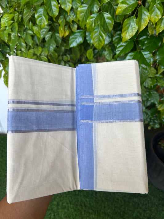 NEW !! 20% DISCOUNT!! KaithariKada Balaramapuram 100% Cotton Double Off white - (Unbleached) Mundu/Dhoti-100x80 - 1.5 inch Silver Kasavu & Lavender Blue Shaded Striped KARA - 3.75 mtr (8 Muzham) - 19KK5218 ASH